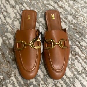 Zara Brown Leather Loafers with Gold Buckle